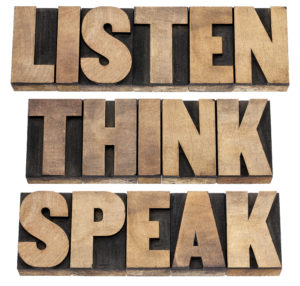 listen, think, speak - communication concept - isolated text in vintage letterpress wood type printing blocks